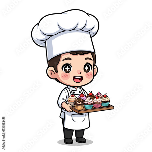 A charming cartoon chef holding a tray of cupcakes. The chef is dressed in a chef's hat and uniform. Vector illustration kawaii