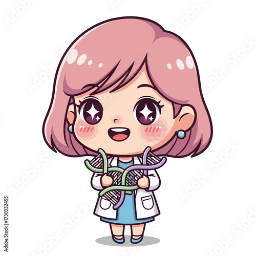 An adorable cartoon scientist, holding a double helix DNA structure and conveying a passion for science and research Vector illustration kawaii