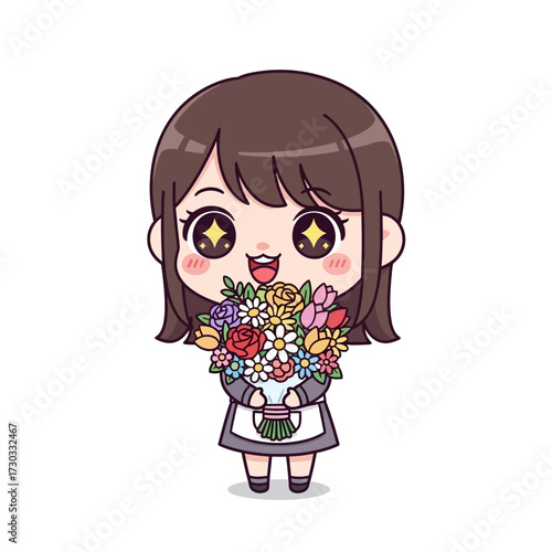 A charming illustration of a girl holding a bouquet of flowers, radiating joy and innocence. The artwork features vibrant colors and adorable details. Vector illustration kawaii
