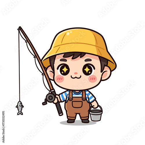A cartoon fisherman in a yellow hat holding a fishing rod and a bucket. The fisherman has a smiling expression Vector illustration kawaii