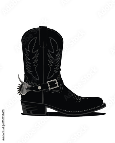 Black Cowboy Boot Silhouette with Spur, Hyperrealistic Side View, Detailed Leather Texture, Classic Western Design, Monochrome Vector Art