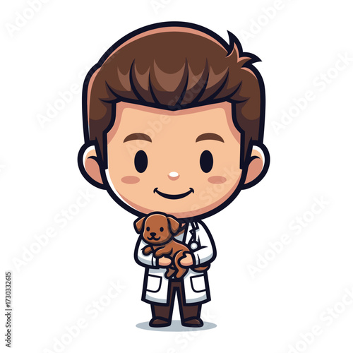 A friendly veterinarian with a puppy, showing kindness and care. The veterinarian, dressed in a lab coat and holding a puppy. The illustration is done in a cute. Vector illustration kawaii