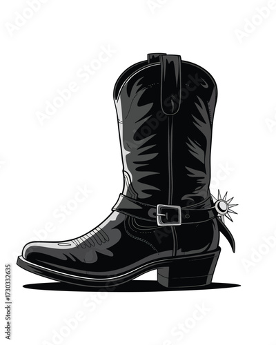 Black Cowboy Boot Silhouette with Spur, Hyperrealistic Side View, Detailed Leather Texture, Classic Western Design, Monochrome Vector Art