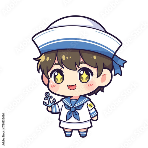 Adorable cartoon sailor character with a cute hat and small anchor in hand Vector illustration kawaii