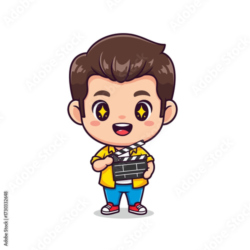 A cartoon image of a cute young film director holding a clapperboard, radiating joy and creativity Vector illustration kawaii