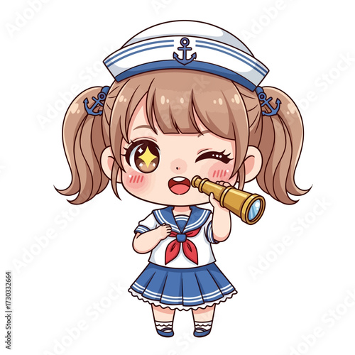 Cute cartoon sailor girl with a telescope, winking playfully Vector illustration kawaii