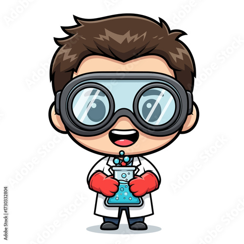 A cartoon scientist holding a flask, looking excited about his discovery Vector illustration kawaii