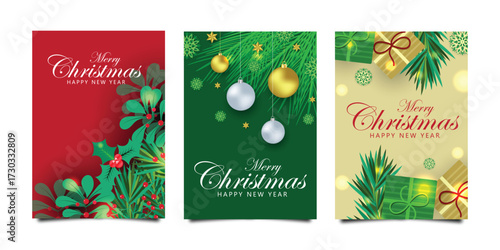 Merry Christmas and Happy New Year Set of greeting cards. with 3d fir tree branch, snowflakes, bauble, star and giftbox