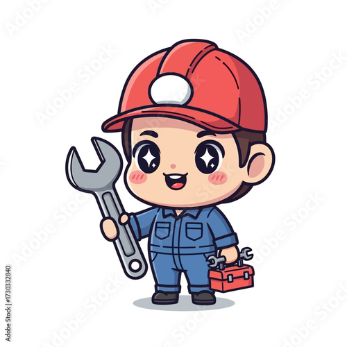 A cartoon illustration of a friendly mechanic holding a wrench and a toolbox. This image is perfect for representing skilled trades and repair work.  Vector illustration kawaii