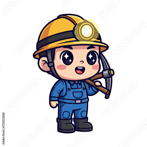 A cartoon illustration of a miner with a pickaxe and a helmet, symbolizing the mining industry and resource extraction Vector illustration kawaii