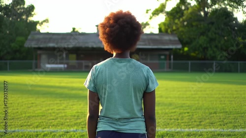 Young Black Afro-Haired Preteen Girl's Back in Green Jersey at Grass Field with Evening Sunlight and a Building in Distance Background Standing Still Outside for Educational or Relaxed Visuals