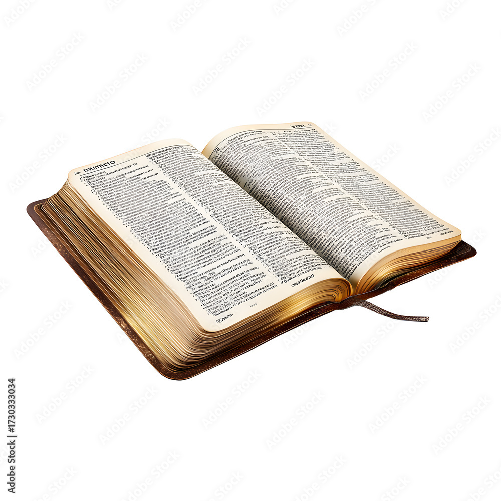 Fototapeta premium Open antique bible on white surface isolated on transparent background