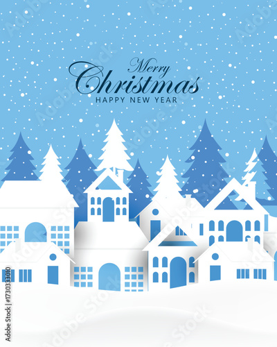 Urban landscape. New year and Christmas winter city among snowdrifts, falling snow, trees