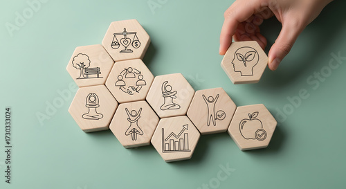 Hand arranging wooden blocks with icons for a holistic lifestyle and well-being