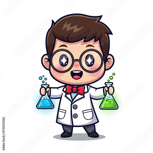 A young scientist happily holding two beakers filled with colorful liquids, with an excited expression on his face Vector illustration kawaii