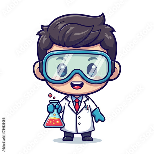 A young scientist holding a beaker filled with a red liquid, dressed in a lab coat and safety glasses, appearing as an illustration.  Vector illustration kawaii