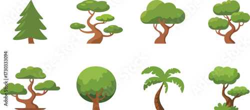 A variety of illustrated trees are displayed against a white background.