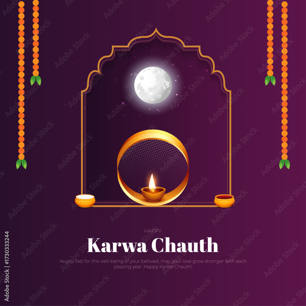 Fototapeta premium Happy Karwa Chauth Social Media Post and Greetings. Hindu Festival Karwa Chauth Celebration Creative Design Vector Illustration
