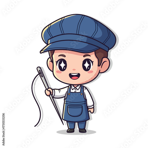 A cartoon illustration of a tailor holding a needle and thread, standing in front of a plain background Vector illustration kawaii