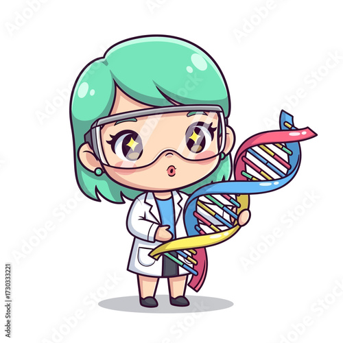 A scientist, holding a DNA strand with excitement. The scene captures the essence of scientific research and discovery. The DNA strand is vibrantly illustrated Vector illustration kawaii