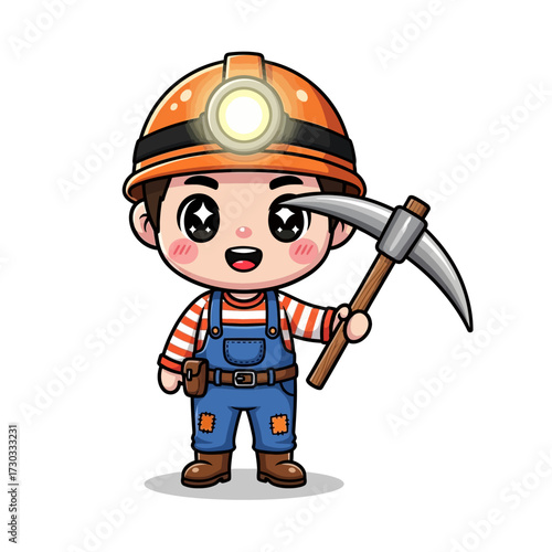 Cute cartoon illustration of a miner wearing a safety helmet with a light, holding a pickaxe, smiling happily Vector illustration kawaii