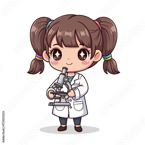 An adorable cartoon illustration of a young girl scientist examining under a microscope. The girl is wearing a lab coat and has a curious expression. Vector illustration kawaii