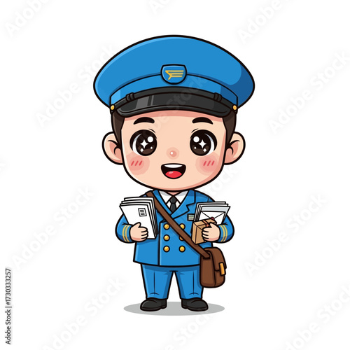 A cute cartoon character of a mail carrier standing with letters and a bag. He's smiling and wearing uniform Vector illustration kawaii