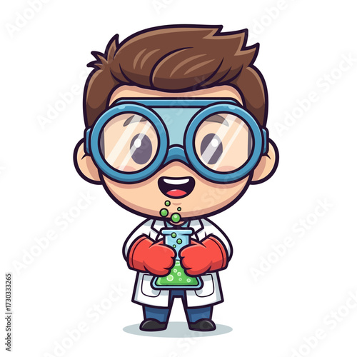 A cartoon scientist holding a beaker filled with bubbling green liquid Vector illustration kawaii