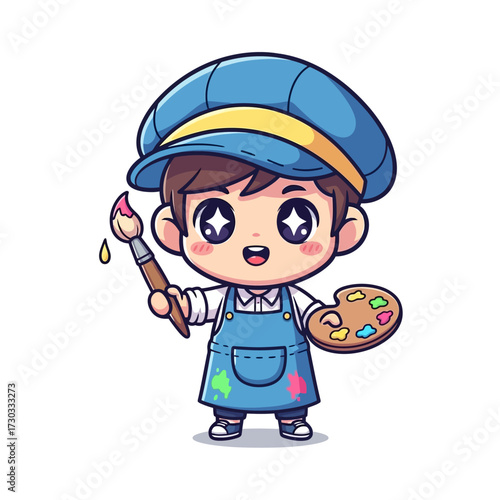 A cute artist holding a paintbrush and palette. The artist is dressed in a painter's attire and smiling Vector illustration kawaii