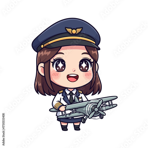 Cute cartoon pilot holding a toy airplane, perfect for a children's illustration or a fun graphic Vector illustration kawaii