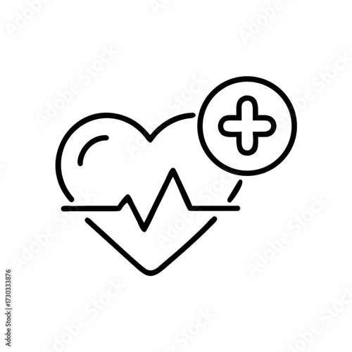 Heartbeat line with heart and plus sign symbolizing health care  