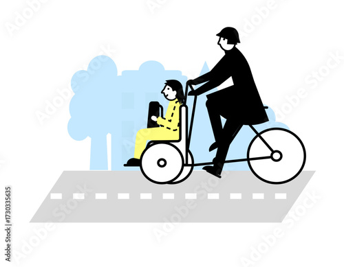 Flat illustration of cargo bicycle with front seat for adult people. Geometric style, icon.