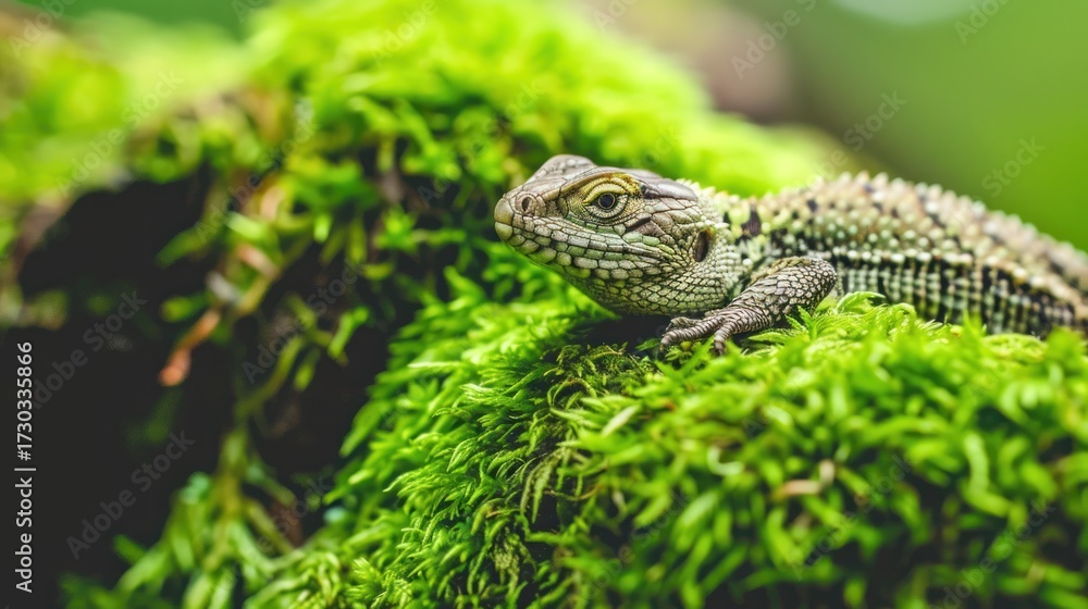 Naklejka premium Green Lizard Resting on Mossy Tree Branch in Natural Forest Setting
