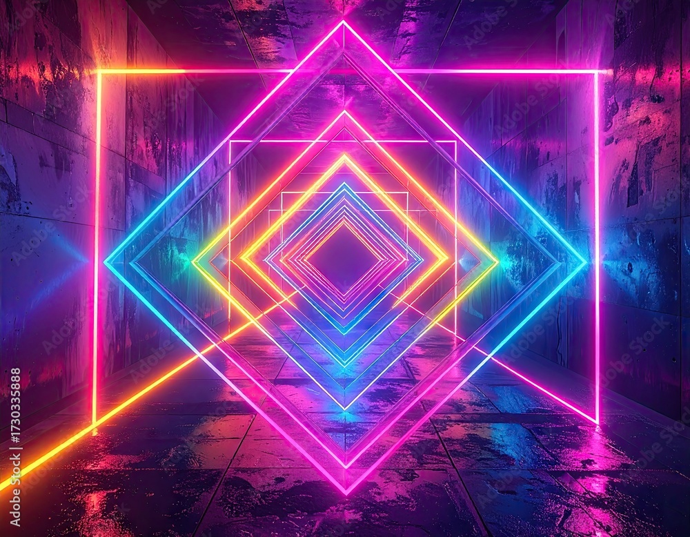 Obraz premium Abstract Neon Tunnel with Rainbow Colors and Geometric Shapes