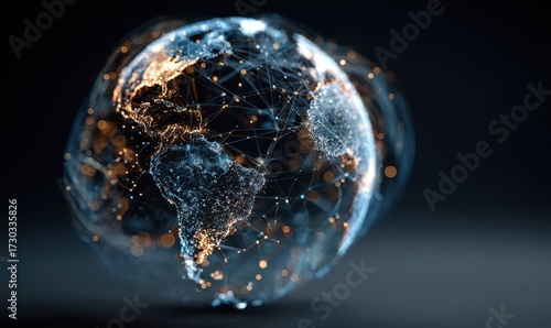 Futuristic digital globe of Earth with glowing data points network connections on a dark background