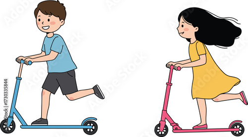 Children riding scooters illustration, cartoon-style outdoor activity scene, playful childhood artwork, movement and fun concept, active lifestyle icon