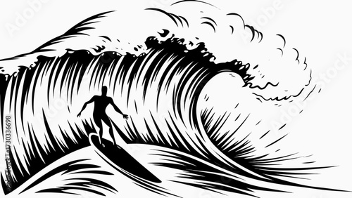 Dynamic surfer rides colossal wave, capturing the thrill of extreme ocean sport and adventure in a powerful black and white graphic style.