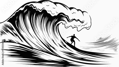 Dynamic surfer catches powerful ocean wave in a bold black and white graphic style, embodying adventure and freedom.