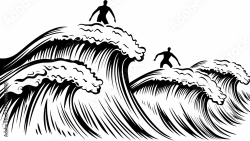 Dynamic surfers conquer powerful ocean waves showcasing courage and thrill in a bold graphic style perfect for adventure themes.
