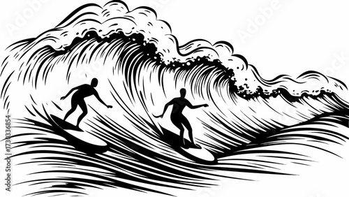 Dynamic surfers ride powerful ocean waves capturing the thrill of extreme water sports and coastal adventure