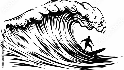 Dynamic surfer rides massive crashing wave in a bold artistic black and white design, capturing the thrill of the ocean's power and adventure