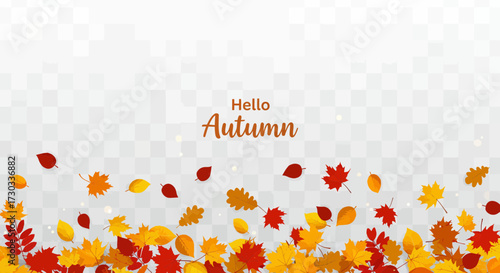 Autumn background with colorful falling leaves and hello autumn text on transparent