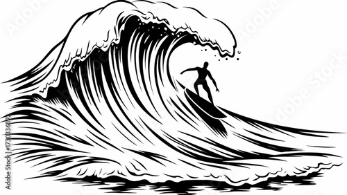 Dynamic surfer rides powerful ocean wave, capturing the thrill of extreme water sports and adventure