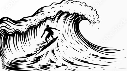 Dynamic surfer riding a massive wave, showcasing skill and the thrill of ocean adventure, capturing the essence of surfing