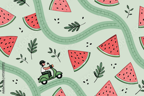 A person rides a scooter through a pattern of watermelon slices and leaves.