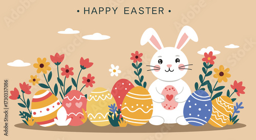 Delightful Easter illustration with a cheerful bunny surrounded by colorful eggs