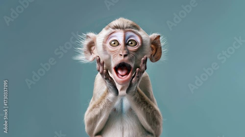 Funny little monkey with surprised face on blue backdrop, playful character and viral reaction energy—great for humor, apps, education, and kid‑friendly campaigns seeking instant attention.