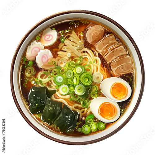 Illustration of traditional Japanese ramen bowl with noodles egg pork seaweed and vegetables, isolated wit transparent background
