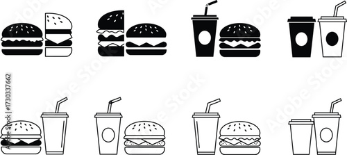 Fast food burger and drink vector illustration set with soda cup, cheeseburger, coffee takeaway design for restaurant, café, menu template.