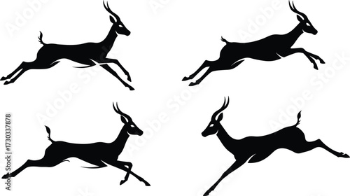 Silhouette vector illustration of antelopes running and leaping in motion, symbolizing wildlife, speed, freedom, African animals, nature, and wilderness.